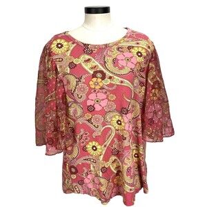 Kim & Cami Womens Top Size M 3/4 Flutter Sleeves Scoop Neck Floral Pink